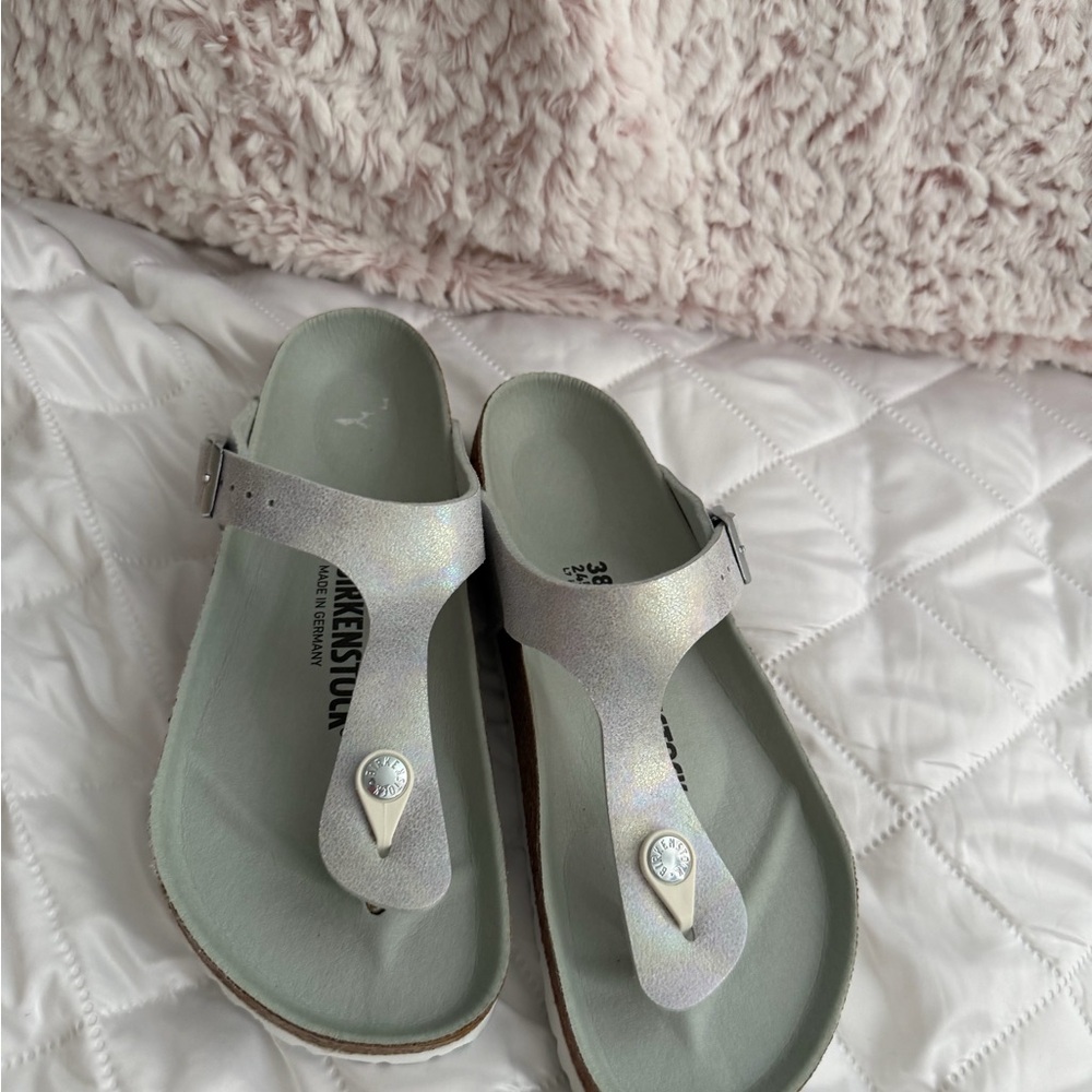 Birkenstock Women's Iridescent Light Silver T-Strap Sandals